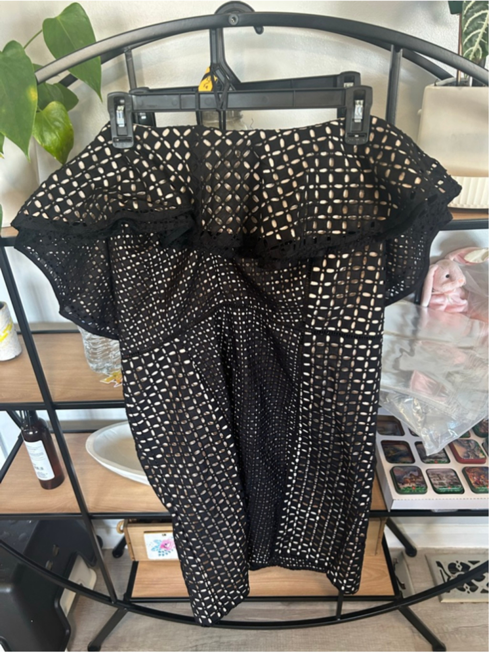 Women's J.Crew Black Beige Eyelet Off-Shoulder Mini Dress Size 12